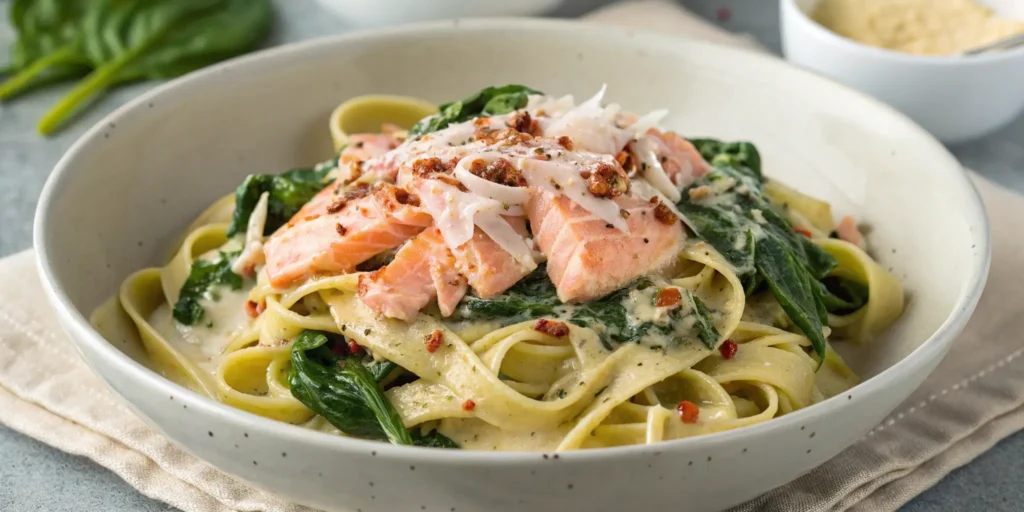 Dairy-free salmon spinach pasta in coconut cream sauce
