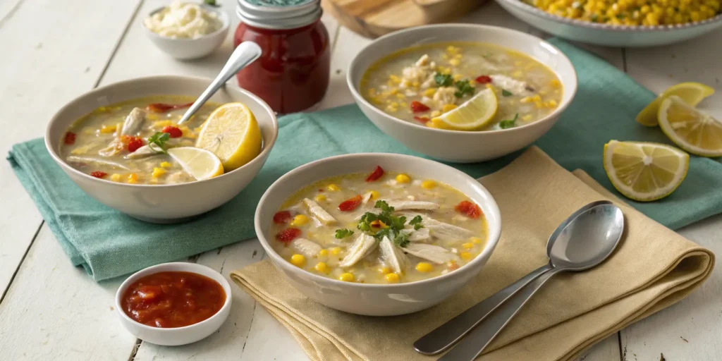 Family-style serving of chicken corn soup with condiments