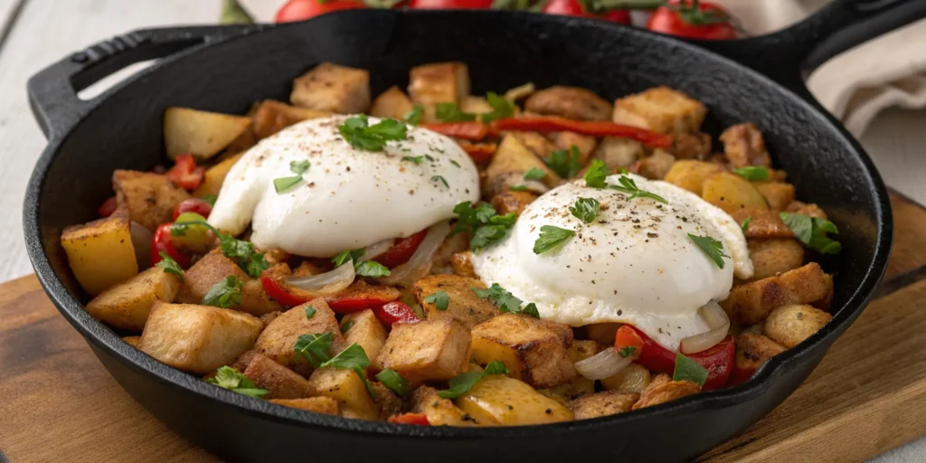 Chicken and potato hash with poached eggs in a cast iron skillet, Chicken and Eggs