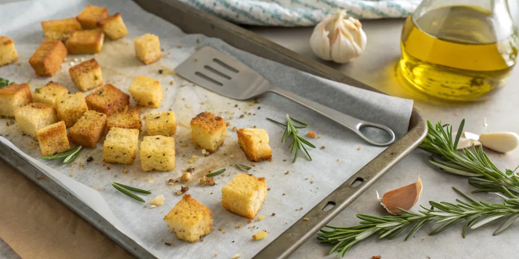 Homemade garlic croutons on a baking tray for Caesar salad
