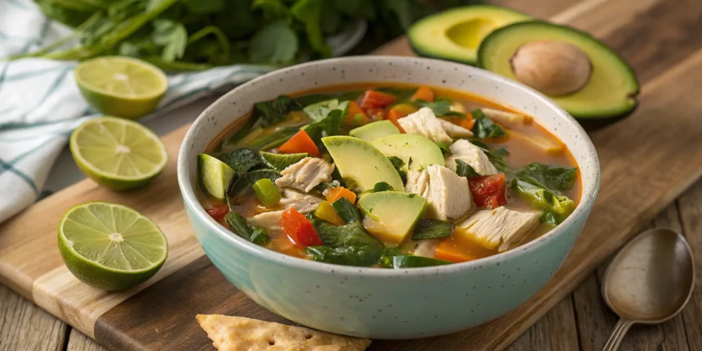 Healthy chicken tortilla soup with vegetables and lime