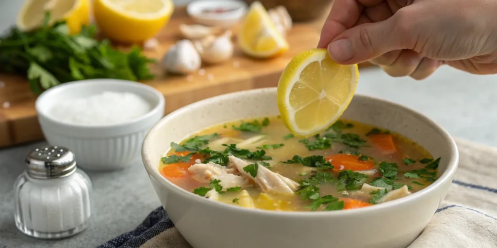 Adding lemon juice and fresh herbs to slow cooker chicken soup before serving