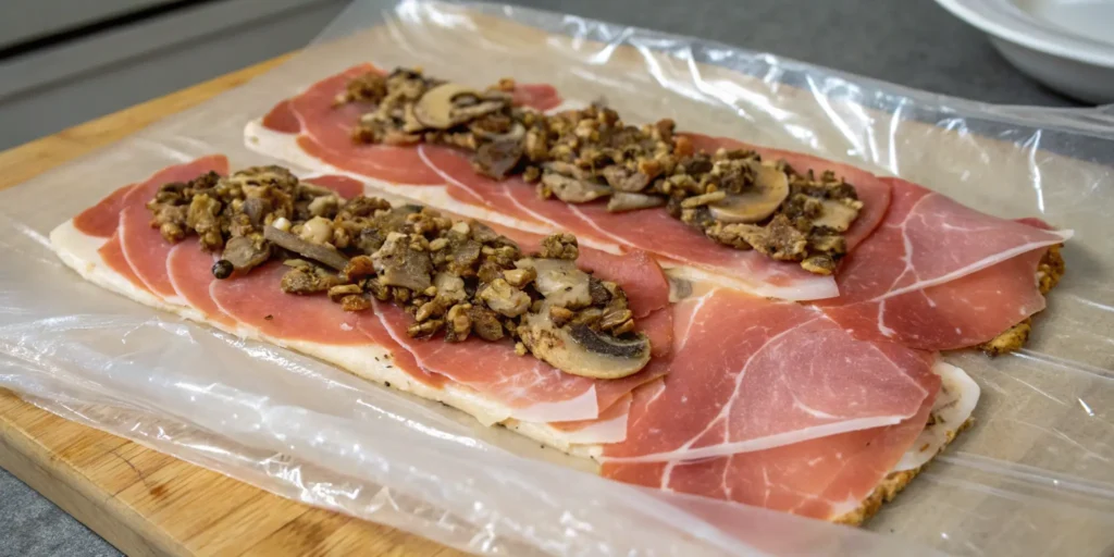 Laying prosciutto and mushroom duxelles for wrapping Beef Wellington