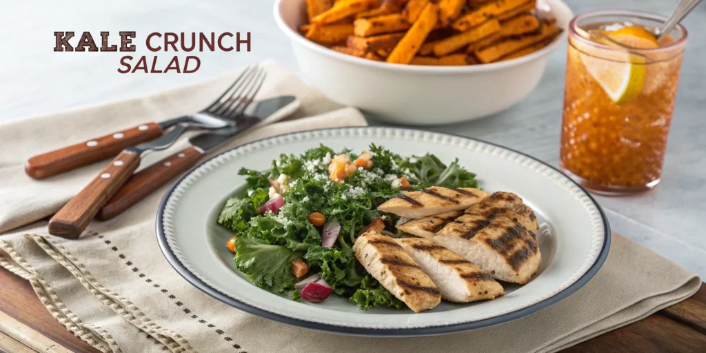 Kale crunch salad served with grilled chicken and sweet potato fries