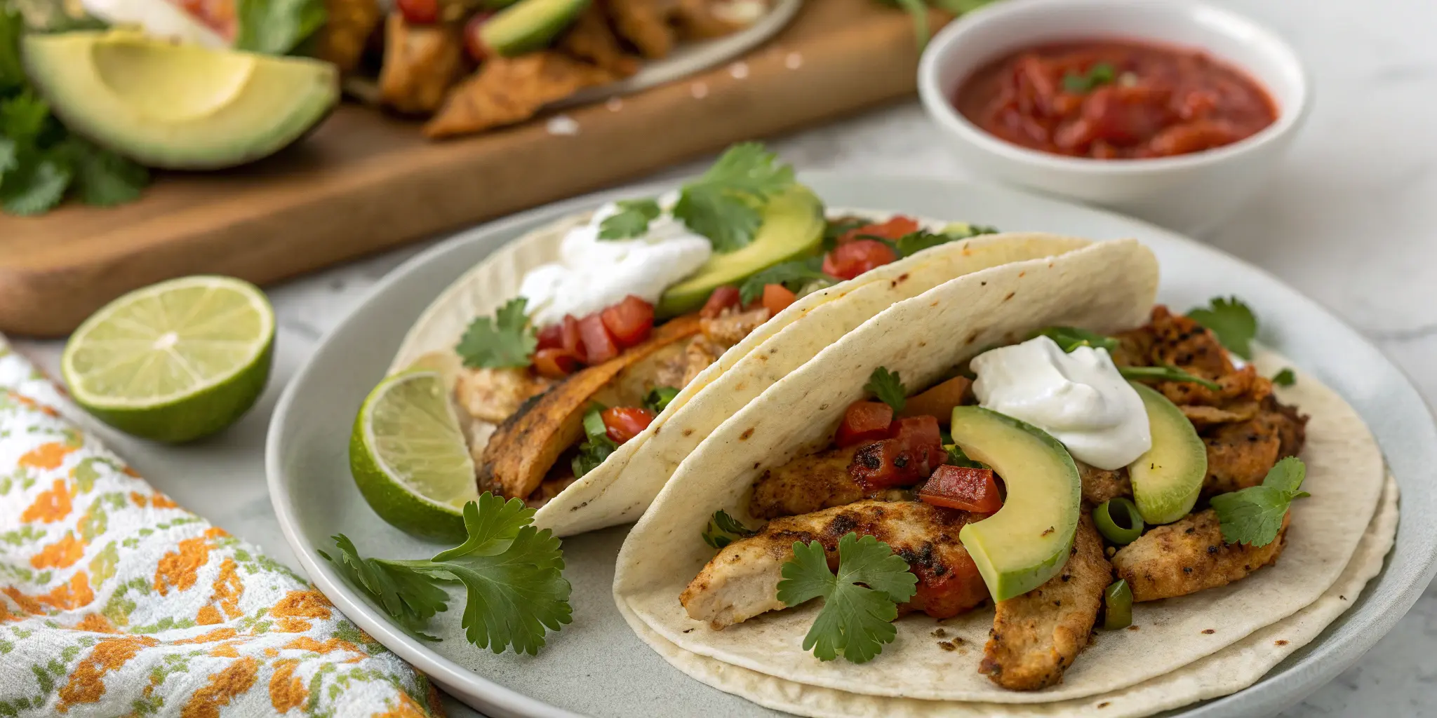 Sheet pan chicken fajitas served in tortillas with toppings