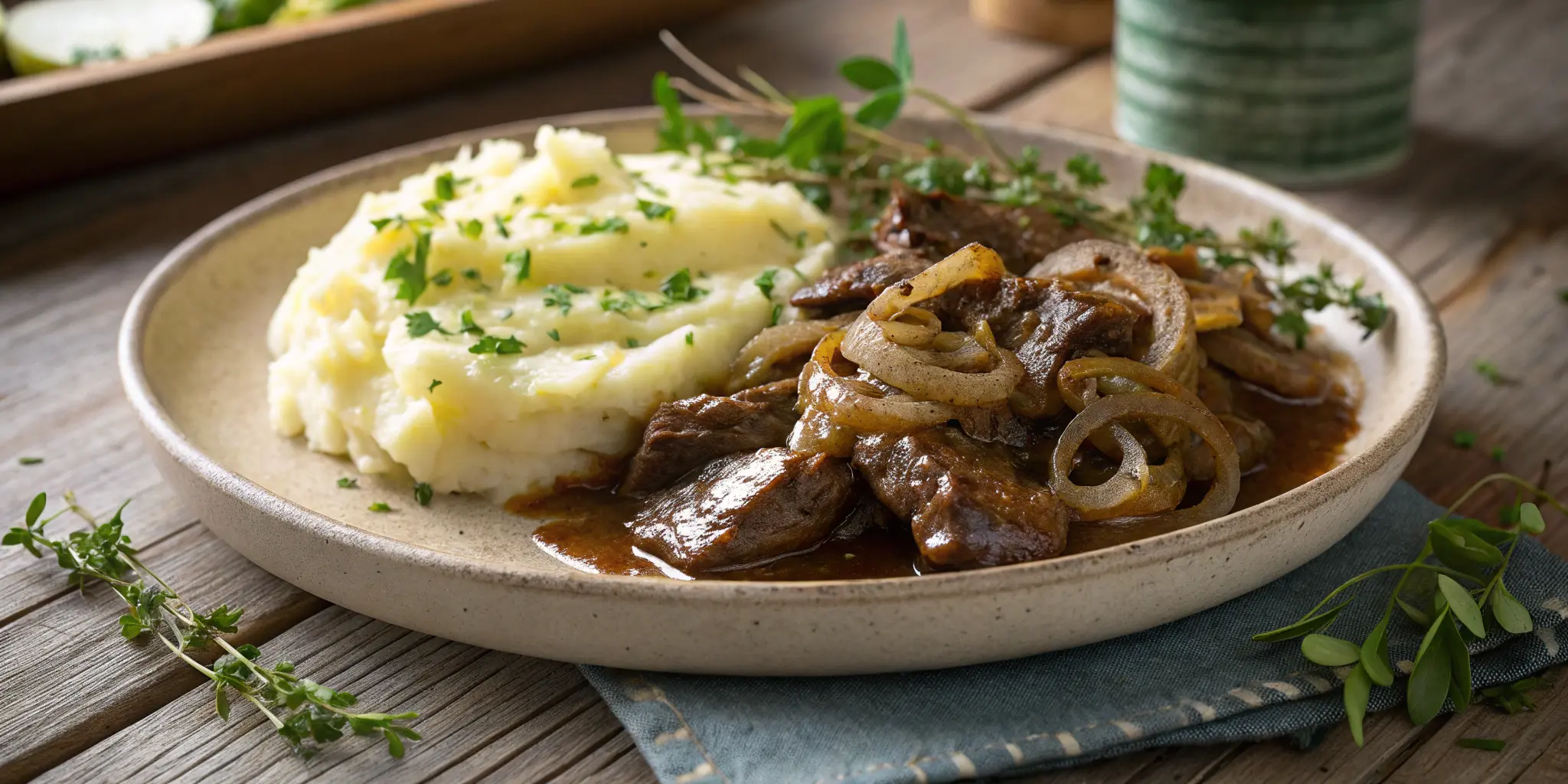 Finished liver and onions recipe served with mashed potatoes