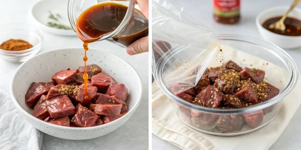 Marinating steak tips step-by-step process