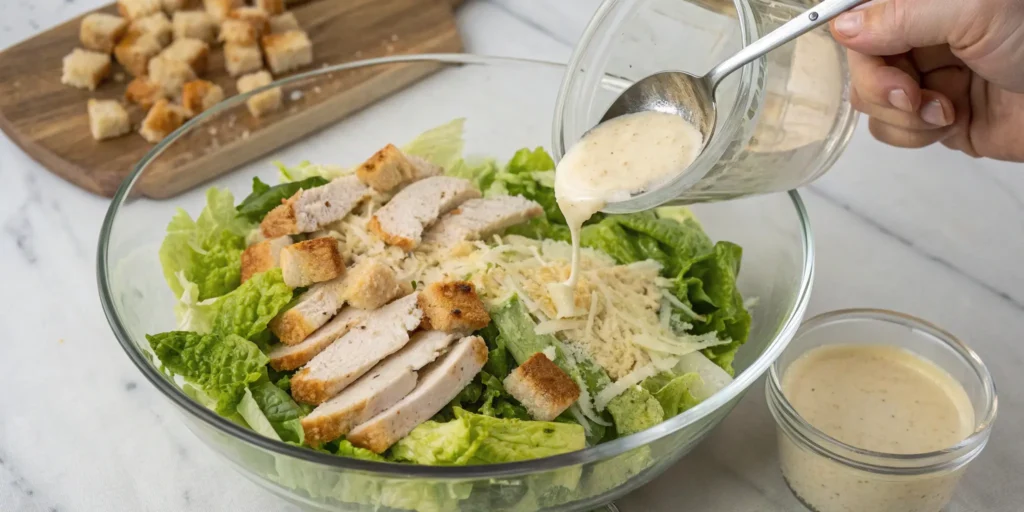 Layering Caesar salad with chicken, croutons, and dressing