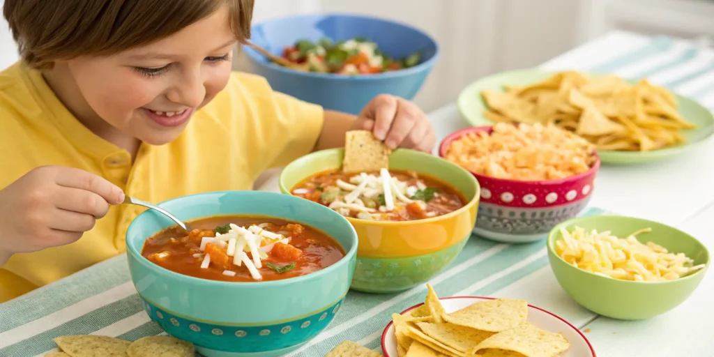 Kid-friendly chicken tortilla soup with toppings on the side