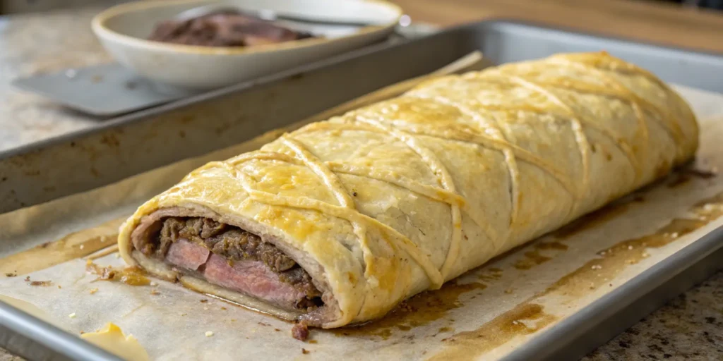 Beef Wellington wrapped in puff pastry brushed with egg wash