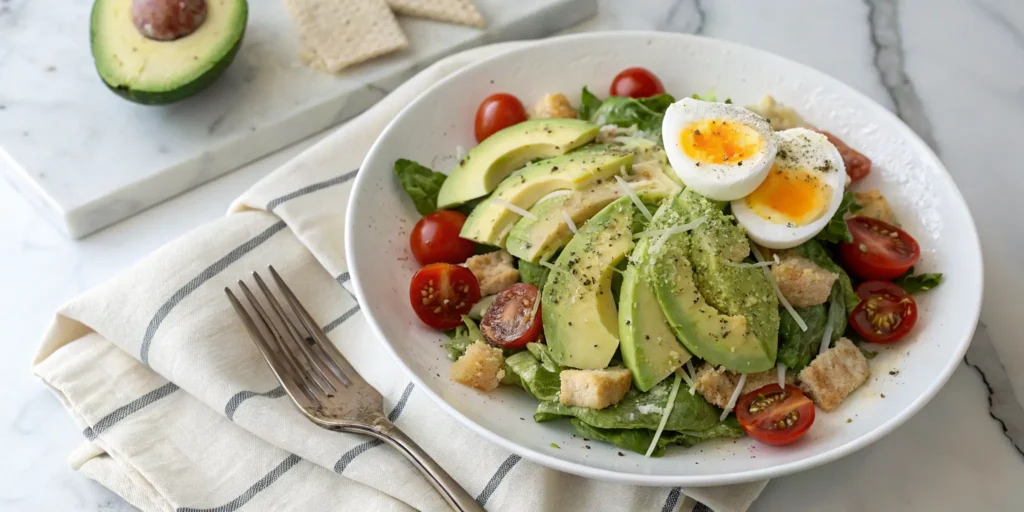 Chicken Caesar salad with avocado, tomato, and egg twist