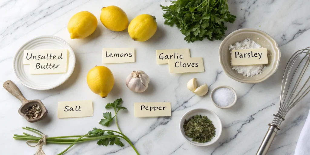 Flat lay of ingredients for making lemon butter sauce