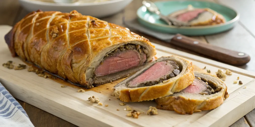Sliced baked Beef Wellington showing golden crust and pink beef center