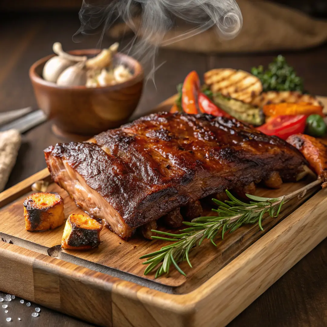 Close-up of juicy grilled beef ribs with roasted vegetables, Meat Recipes
