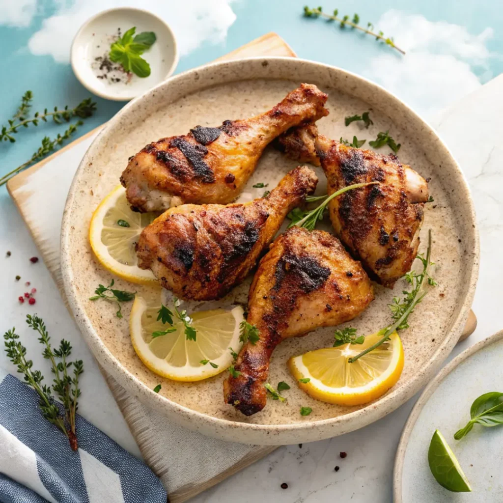 Overhead view of grilled chicken thighs and drumsticks with herbs, Meat Recipes
