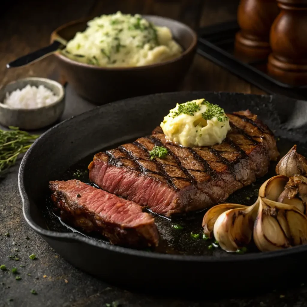 Medium-rare grilled steak with herb butter and sides, Meat Recipes
