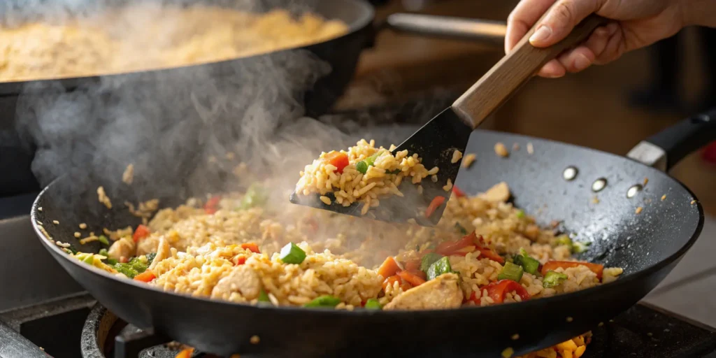 Stir-frying hibachi rice in wok with vegetables and garlic