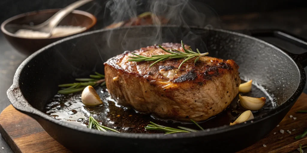 Searing beef roast in cast iron skillet with herbs and garlic