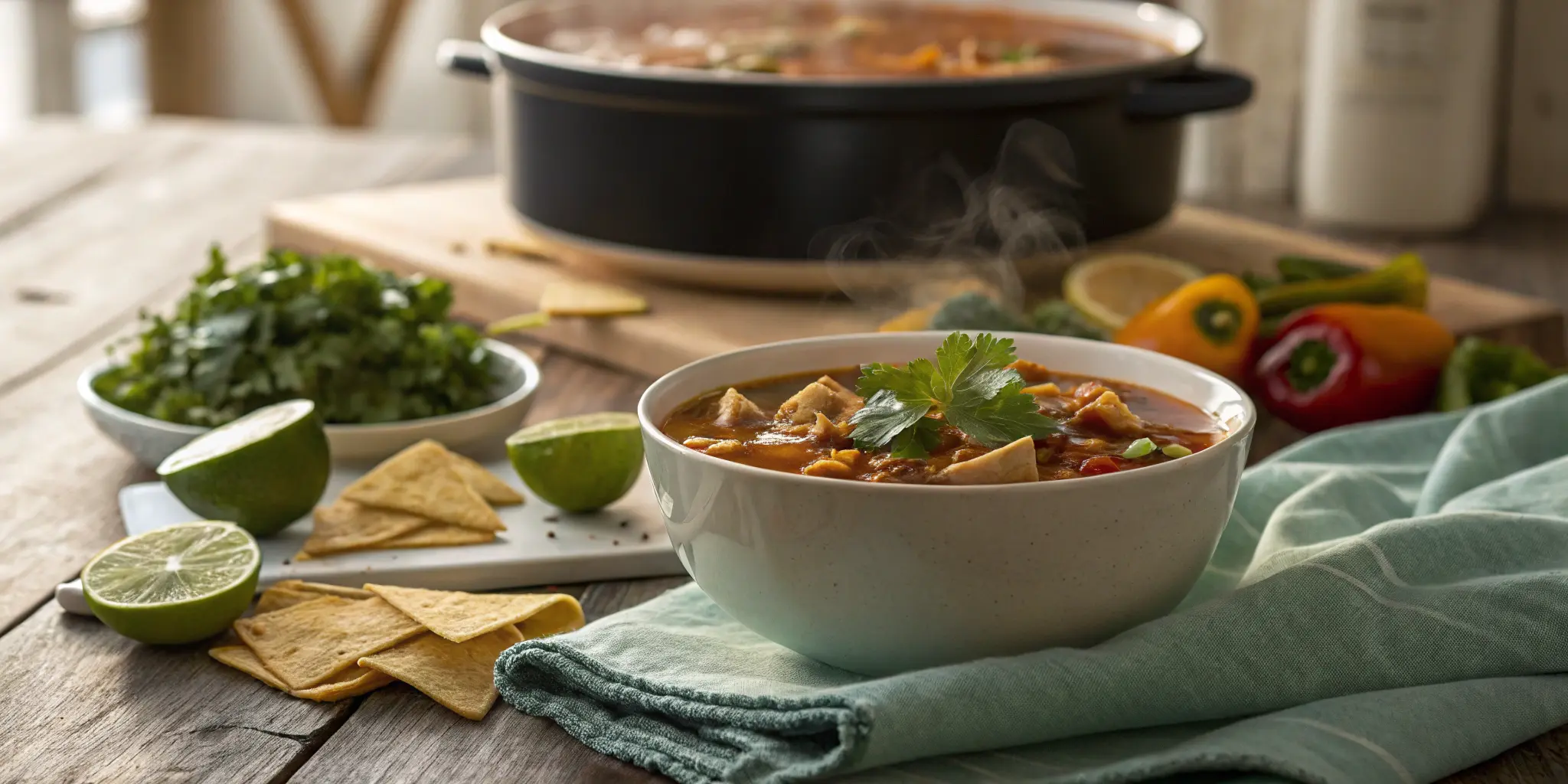 Cozy chicken tortilla soup served with fresh toppings and crock pot