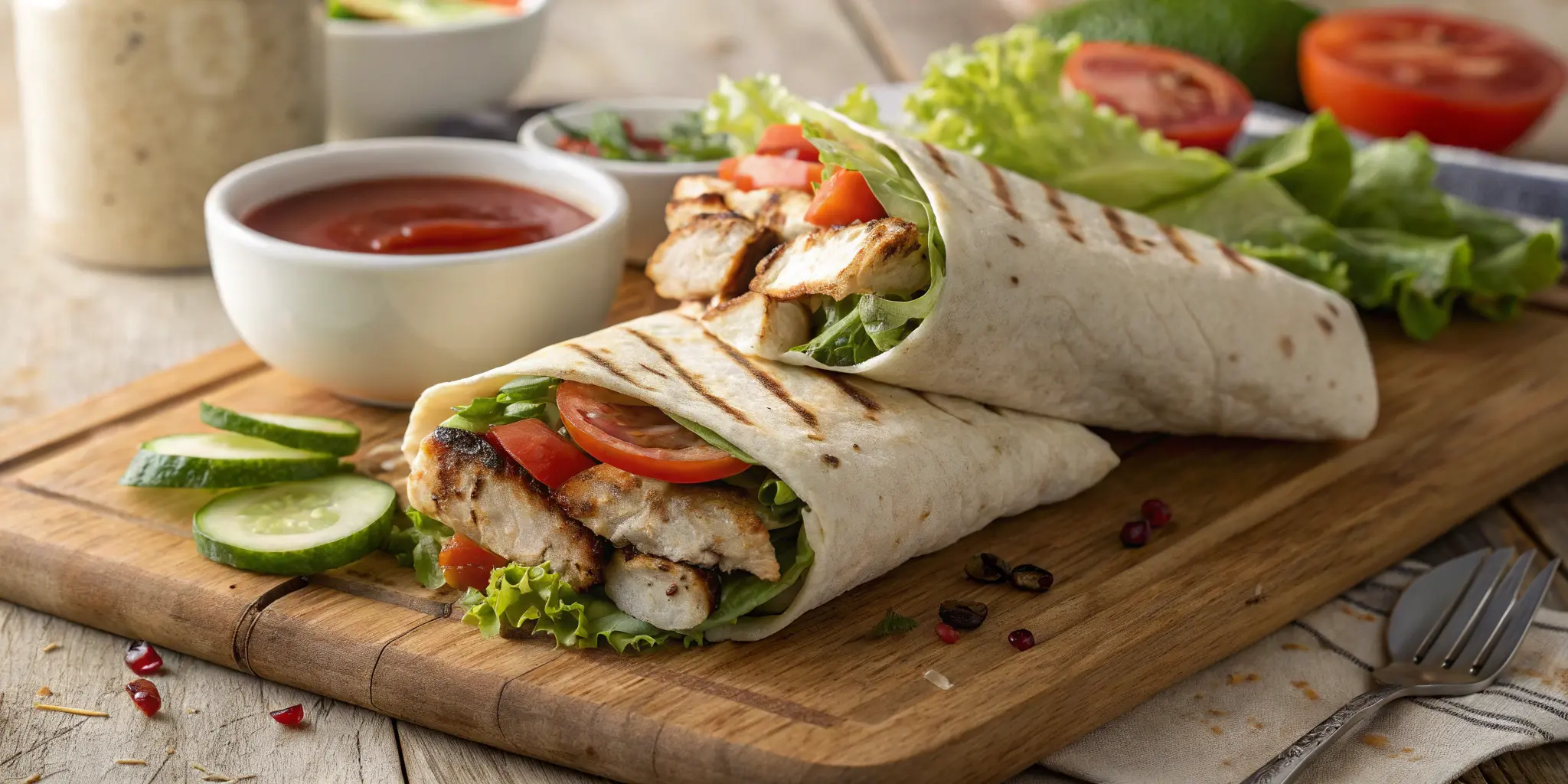 Perfect chicken wrap at home with grilled chicken and fresh vegetables