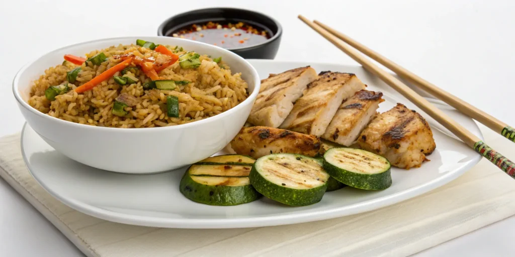 Hibachi fried rice served with chicken and yum yum sauce