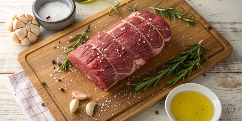 Raw beef roast seasoned with garlic and rosemary on a wooden cutting board