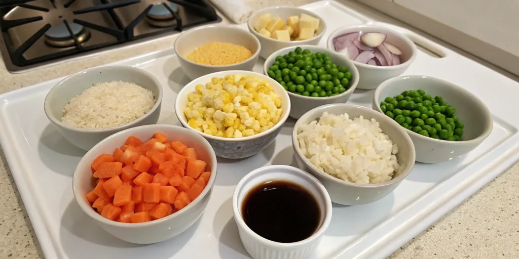 Ingredients for hibachi fried rice including rice, veggies, and soy sauce