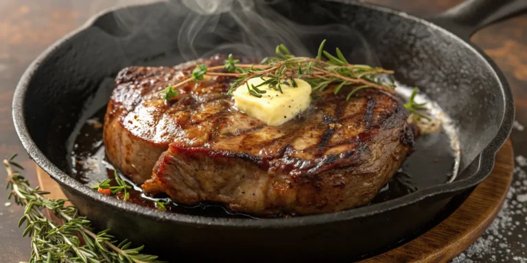 Juicy ribeye steak cooking in cast iron skillet with butter and herbs