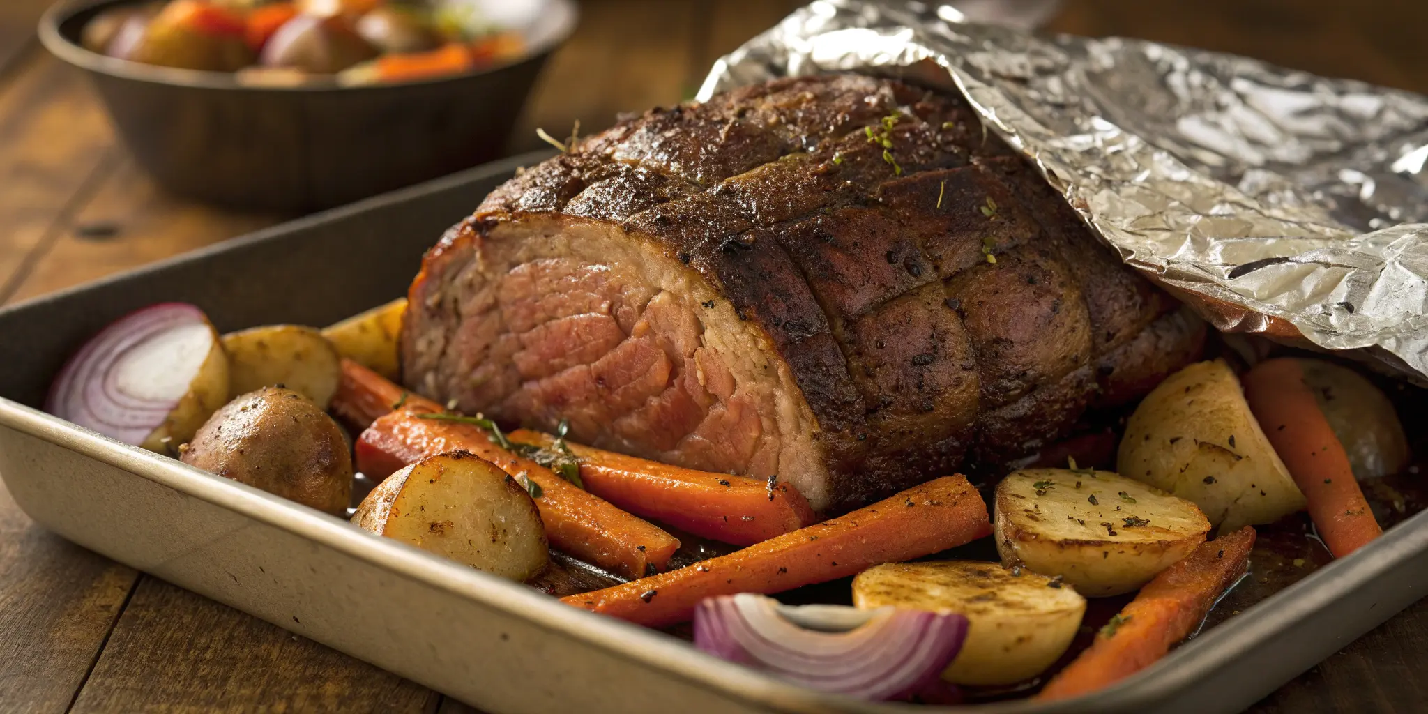 Perfectly cooked oven roast with golden crust and roasted vegetables