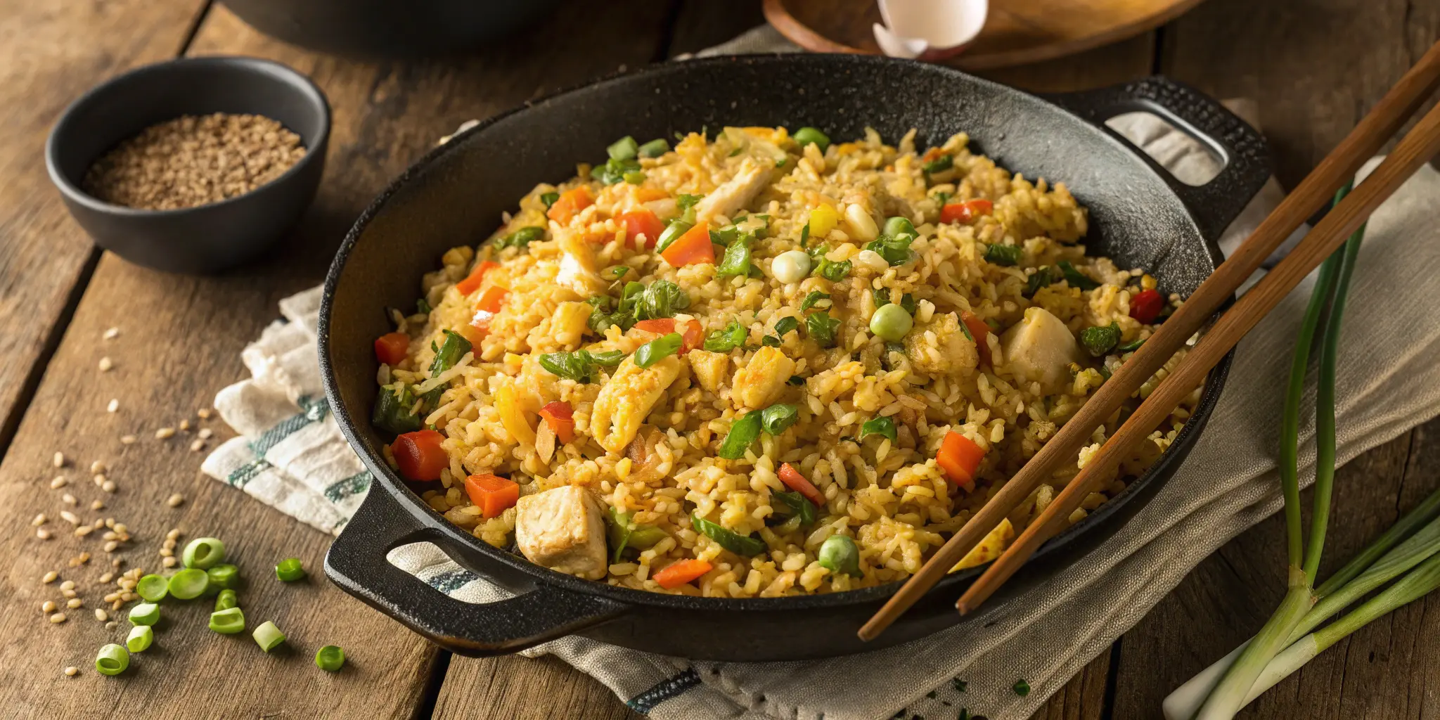 Homemade hibachi fried rice in skillet with vegetables and egg