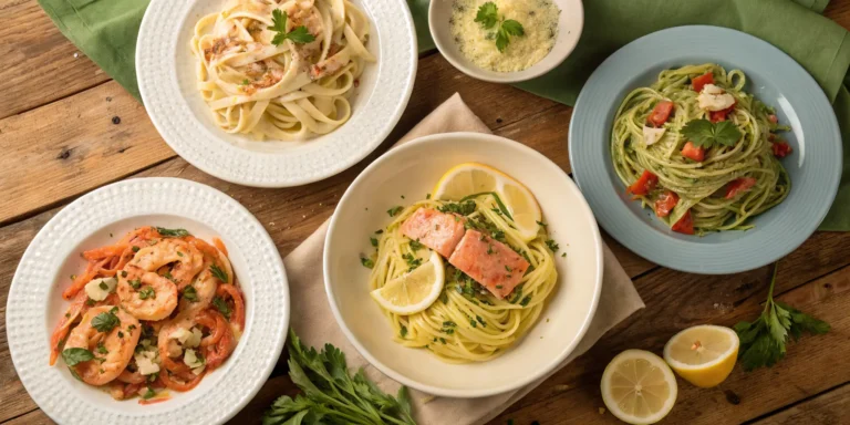 Five delicious salmon pasta dishes displayed on a wooden table