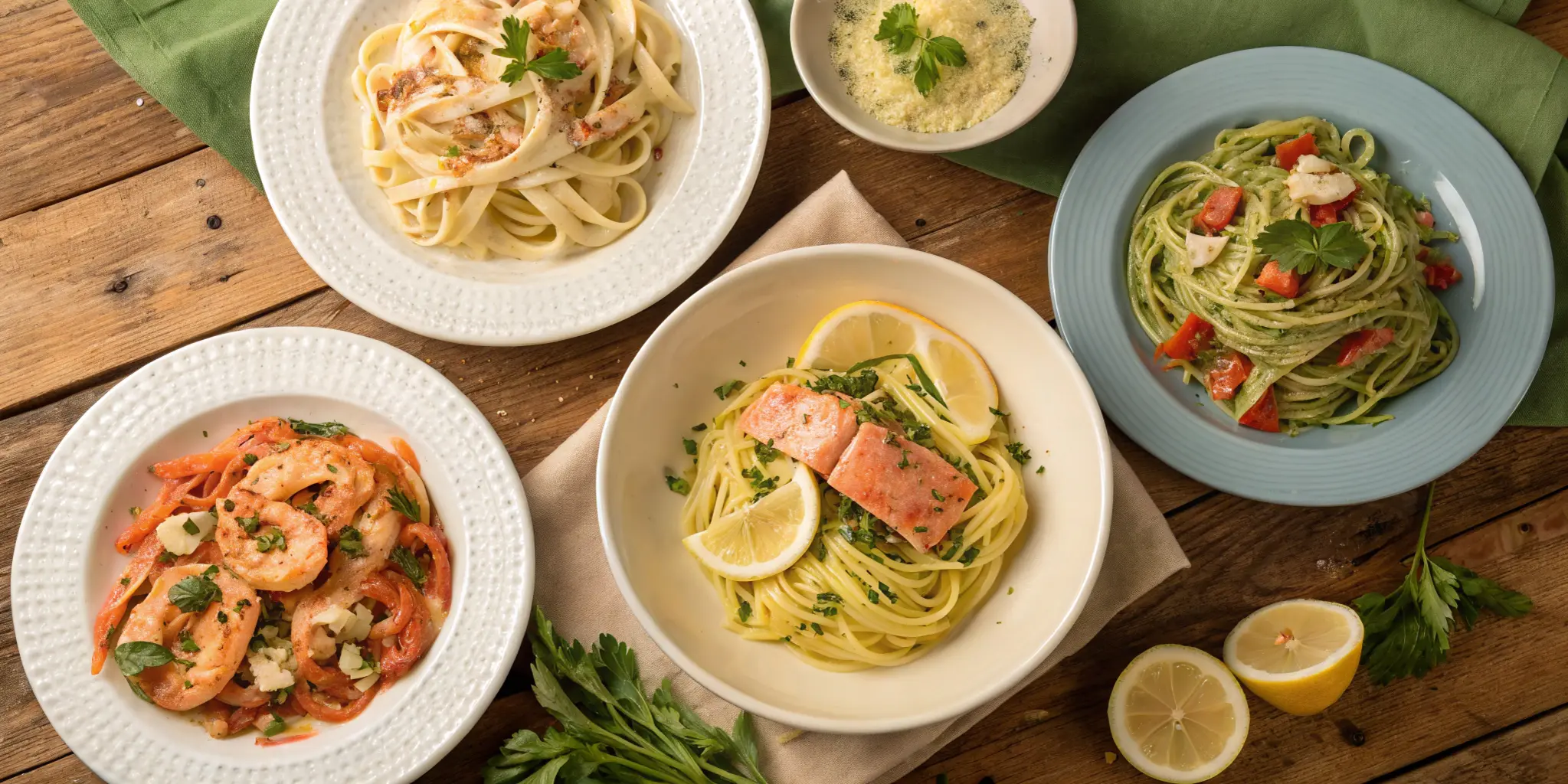 Five delicious salmon pasta dishes displayed on a wooden table