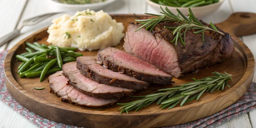 Sliced oven-roasted beef served with sides on a dinner platter