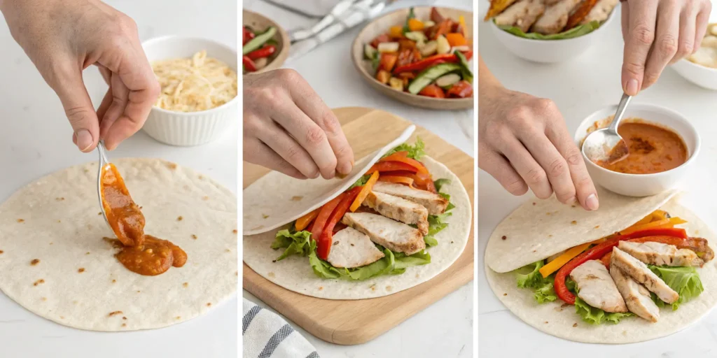 Assembling a homemade chicken wrap step by step