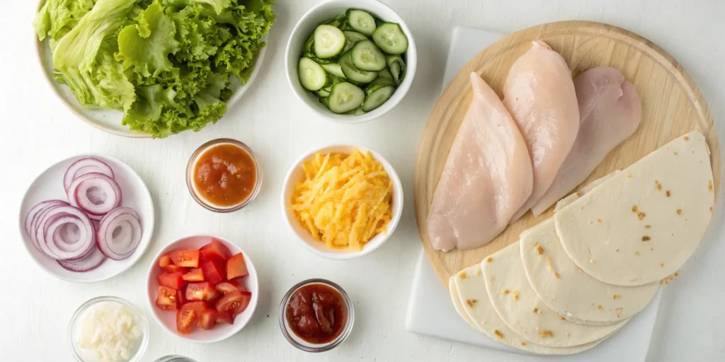 Flat-lay of chicken wrap ingredients on a kitchen counter