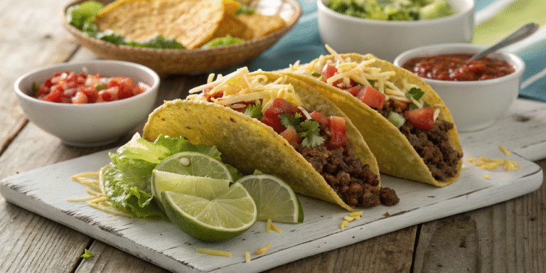 Ground beef taco recipe served with fresh toppings and sides