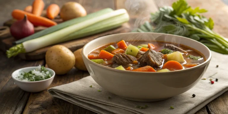 Steaming bowl of homemade vegetable beef soup with fresh vegetables and beef chunks
