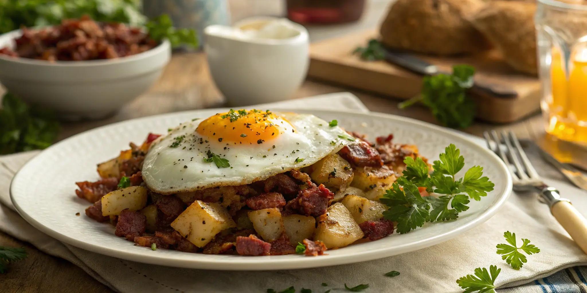 Homemade corned beef hash with fried egg and parsley on white plate