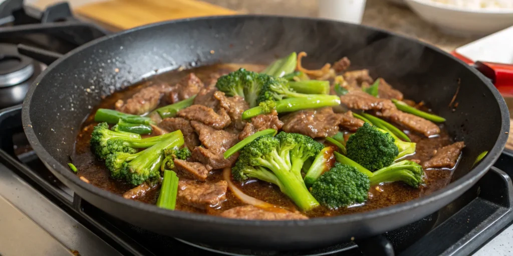Classic beef and broccoli stir-fry in a wok with savory sauce