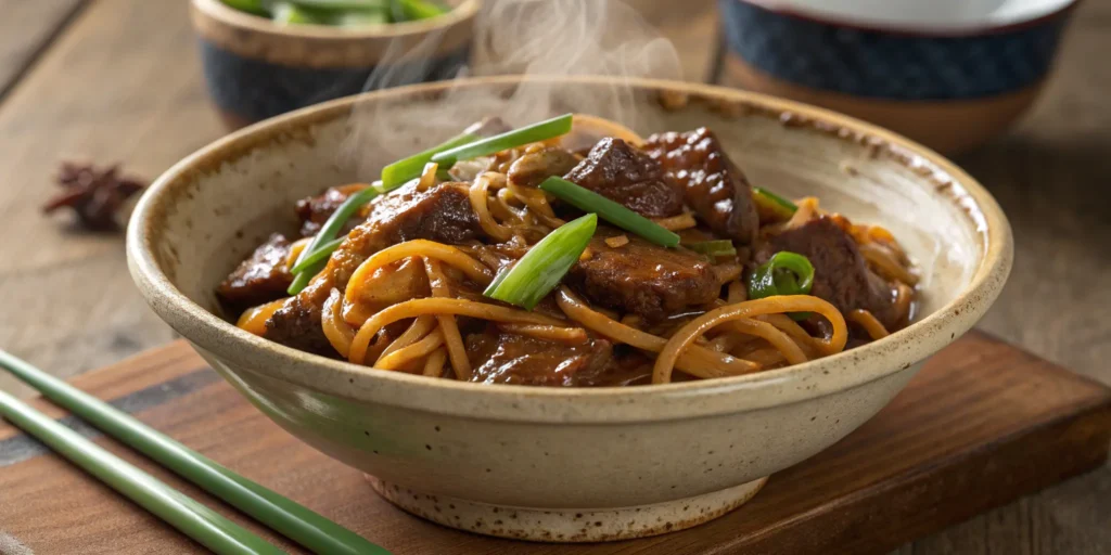 Classic Mongolian beef stir-fry with lo mein noodles