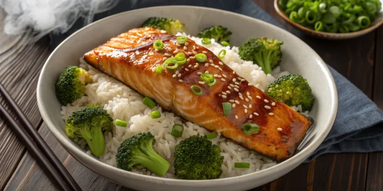 Teriyaki salmon fillet glazed with sauce served with jasmine rice and steamed broccoli, Teriyaki Salmon Recipe