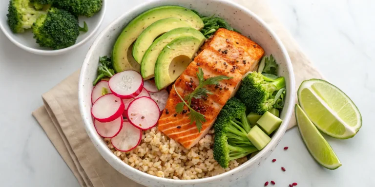 Salmon Bowl Recipe, Healthy salmon bowl with garlic honey glazed salmon, avocado, and brown rice
