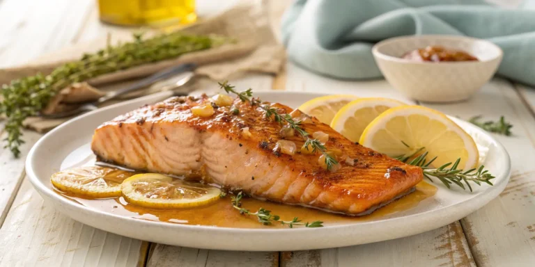 Honey salmon fillet glazed with garlic honey sauce and lemon garnish, Honey Salmon Recipe