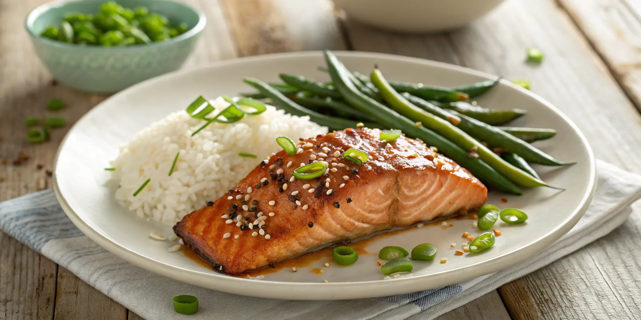 Honey soy salmon served with jasmine rice and green beans