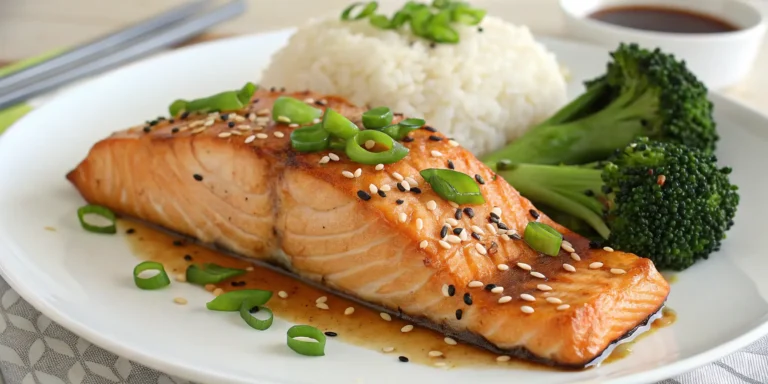 Honey soy salmon fillet with rice and broccoli on a plate