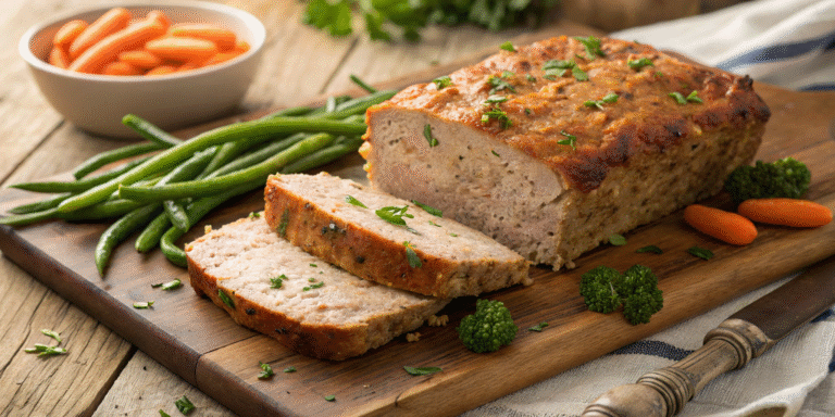 Healthy ground chicken meatloaf sliced on a wooden board with fresh parsley and vegetables