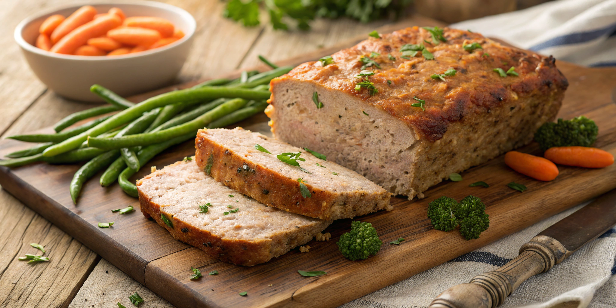 Healthy ground chicken meatloaf sliced on a wooden board with fresh parsley and vegetables
