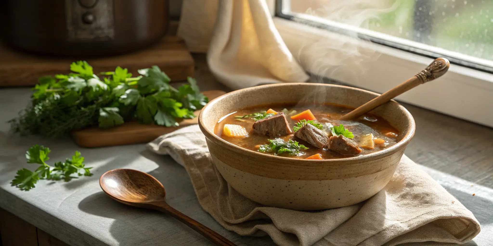 A hearty bowl of beef soup with vegetables in a rustic kitchen setting