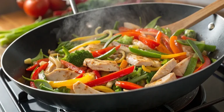Colorful Asian stir fry recipe with chicken and vegetables sizzling in a wok