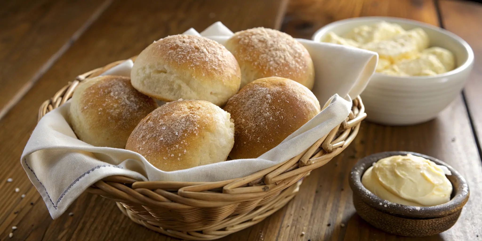 Warm basket of freshly baked Outback Steakhouse bread rolls dusted with cornmeal and whipped honey butter